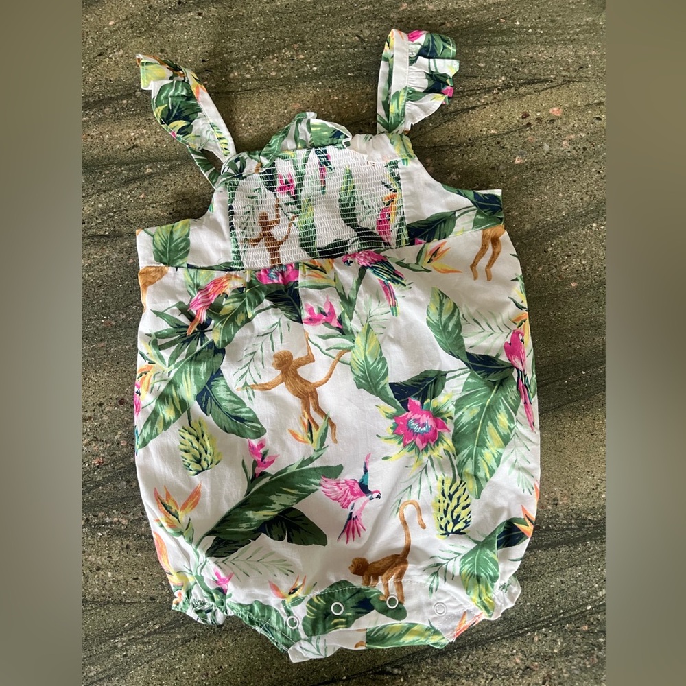 Janie and Jack White Tropical Print Romper with Pink & Green Accents 12-18m